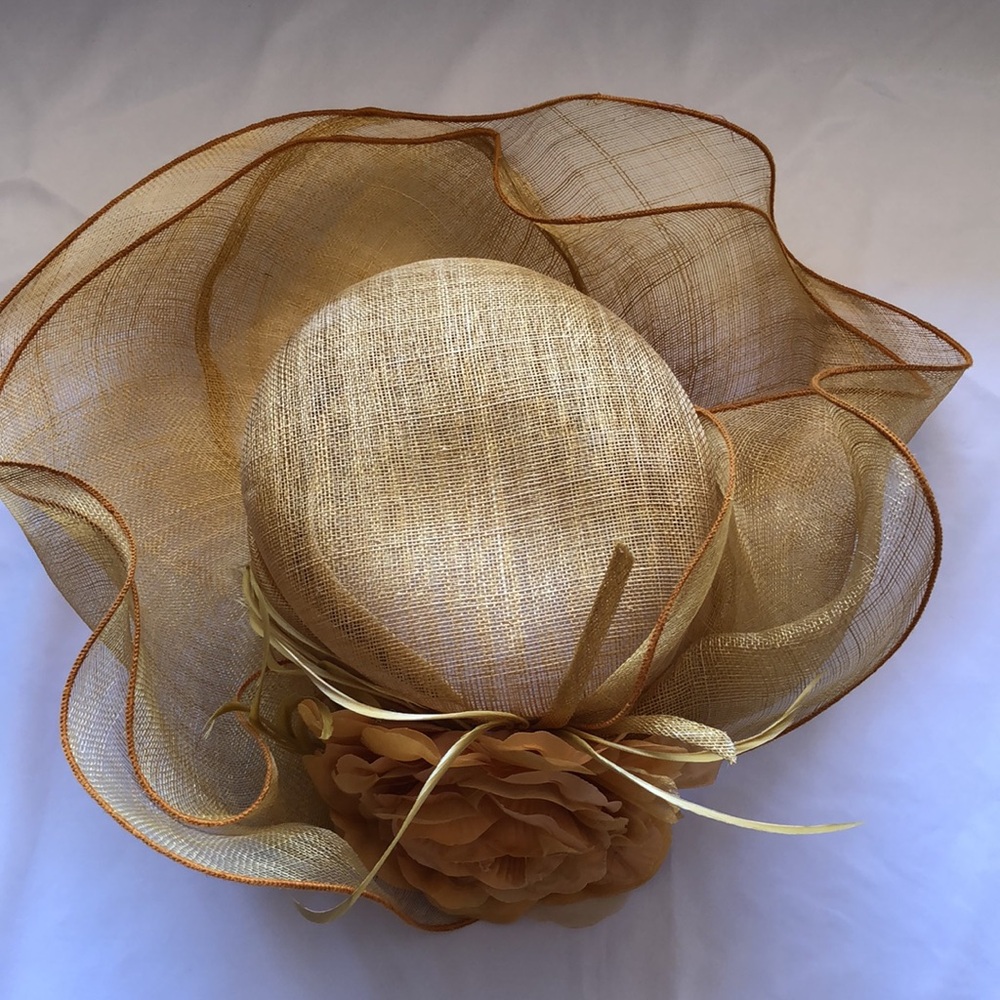 Something Special Sinamay gold Straw Wide Brimmed Fancy Summer Hat Large flower - Picture 3 of 12